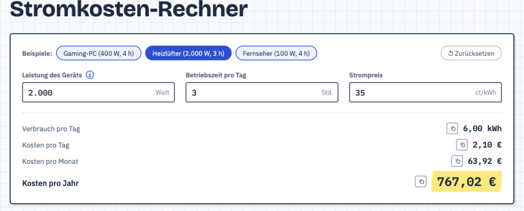Stromkosten-Rechner auf RechnerMeister.de mit Heizlüfter-Beispiel und Jahreskosten