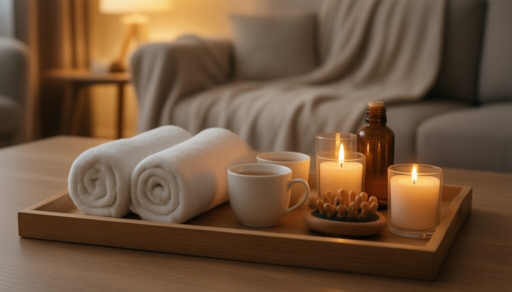 Wellness-Abend zu zweit zu Hause mit Handtüchern, Tee, Kerzen und Holz-Massageroller